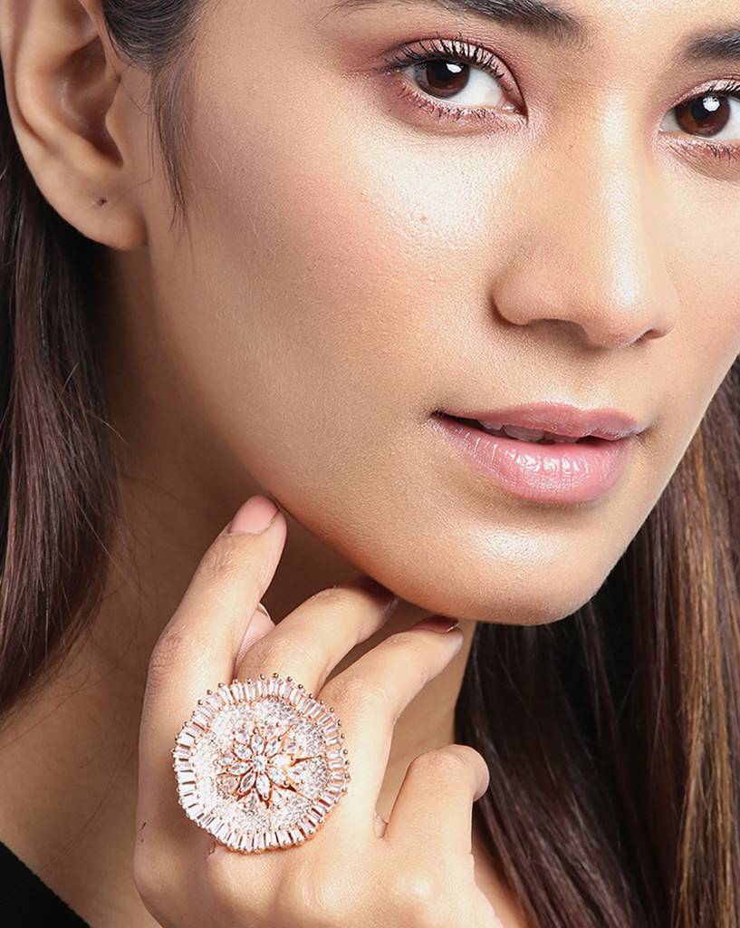 Carlton London Women Rose Gold-Plated Cz-Studded Floral-Shaped Handcrafted Finger Ring : FJR2653