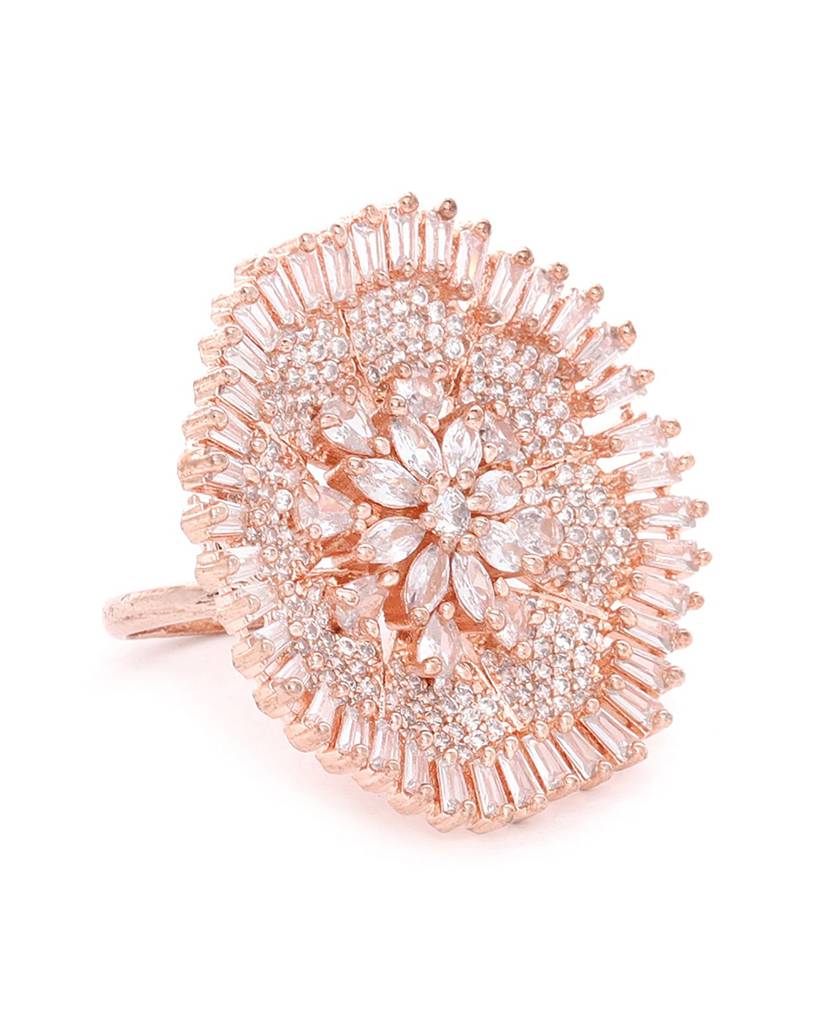 Carlton London Women Rose Gold-Plated Cz-Studded Floral-Shaped Handcrafted Finger Ring : FJR2653