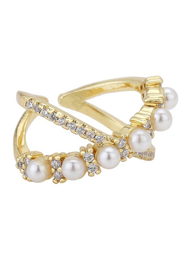 Premium Gold-Plated Stone-Studded & Pearl Beaded Adjustable Finger Ring : FJR4196