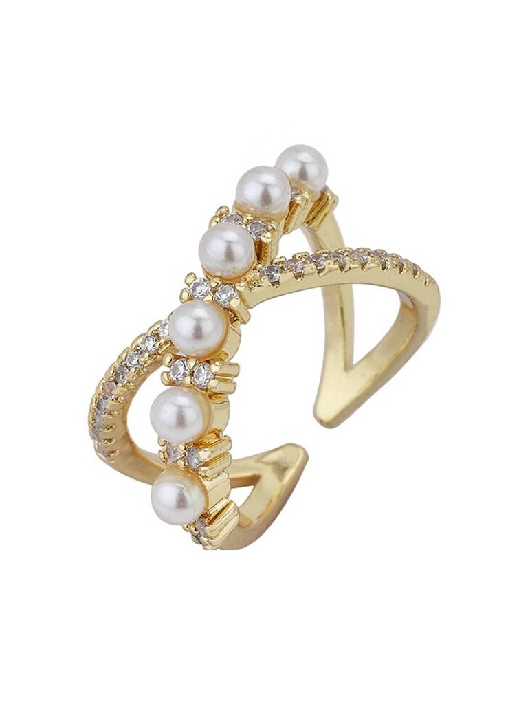 Premium Gold-Plated Stone-Studded & Pearl Beaded Adjustable Finger Ring : FJR4196