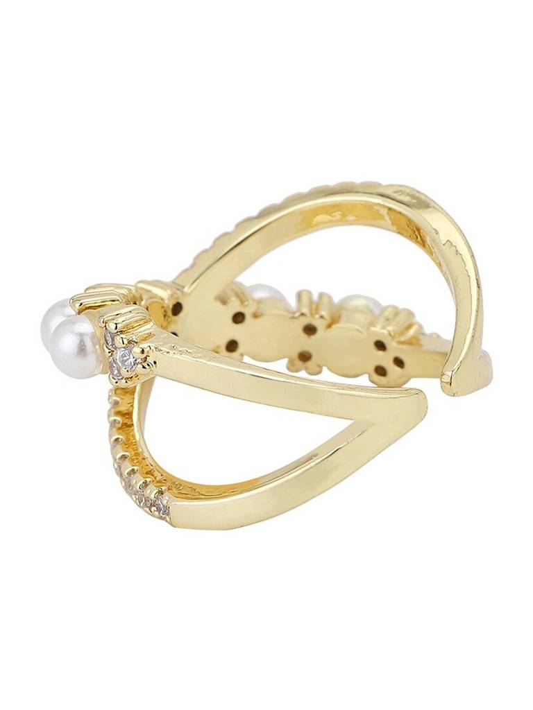 Premium Gold-Plated Stone-Studded & Pearl Beaded Adjustable Finger Ring : FJR4196