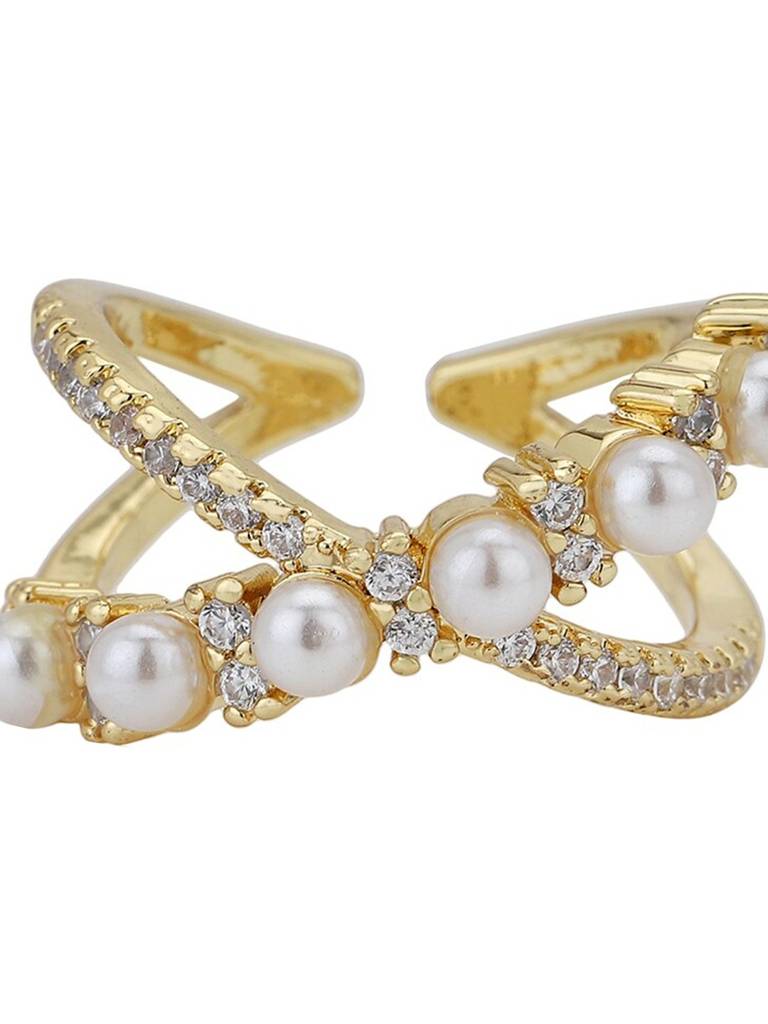 Premium Gold-Plated Stone-Studded & Pearl Beaded Adjustable Finger Ring : FJR4196