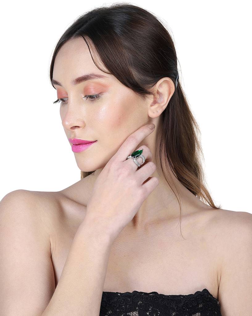 Premium Rhodium-Plated Cz Stone-Studded Adjustable Finger Ring : FJR4197