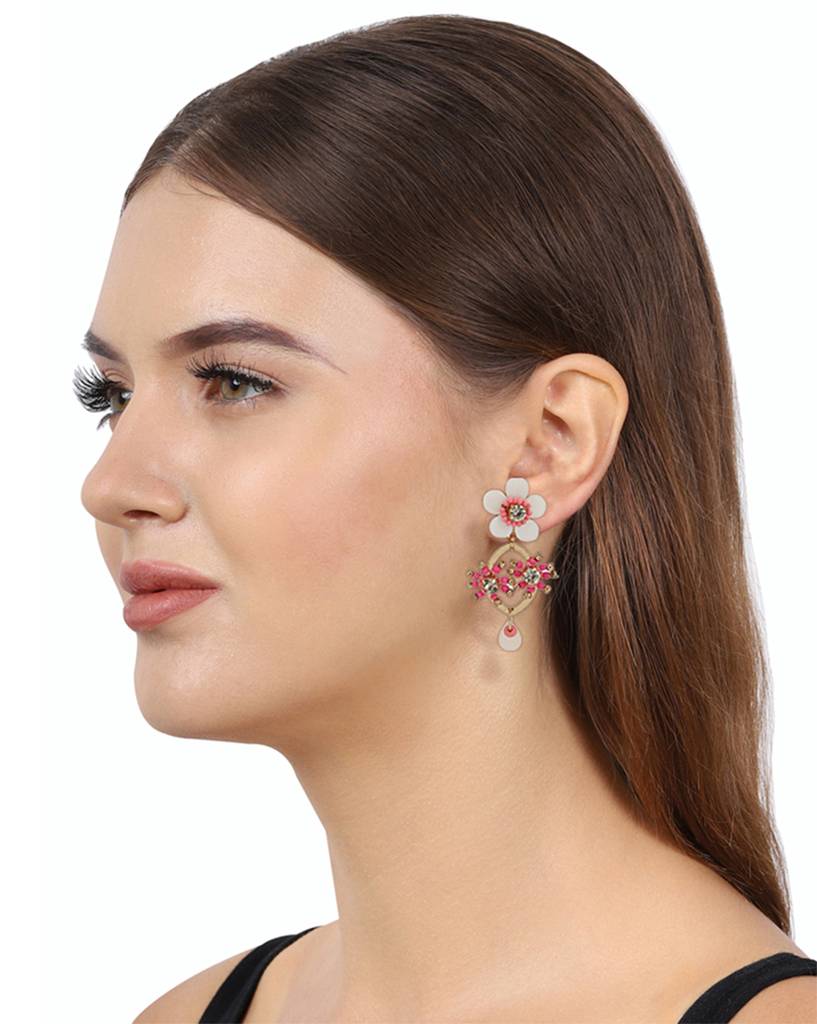 Carlton London Pink & White Gold-Plated Stone-Studded & Beaded Jewellery Set : FJS2933