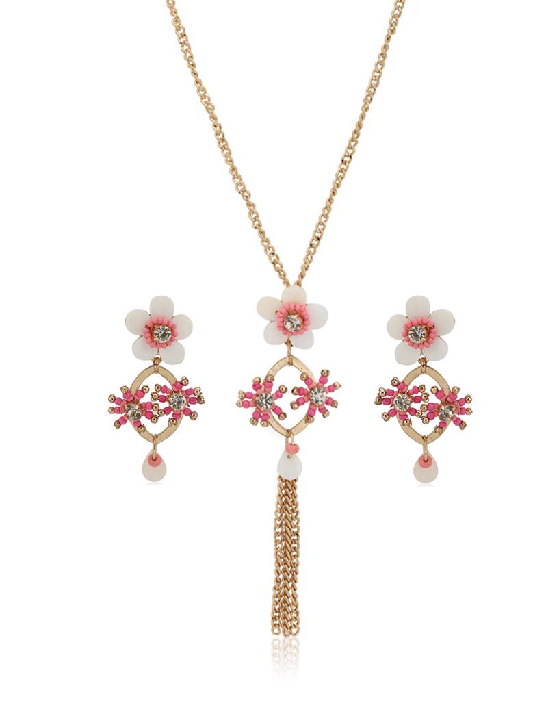 Carlton London Pink & White Gold-Plated Stone-Studded & Beaded Jewellery Set : FJS2933