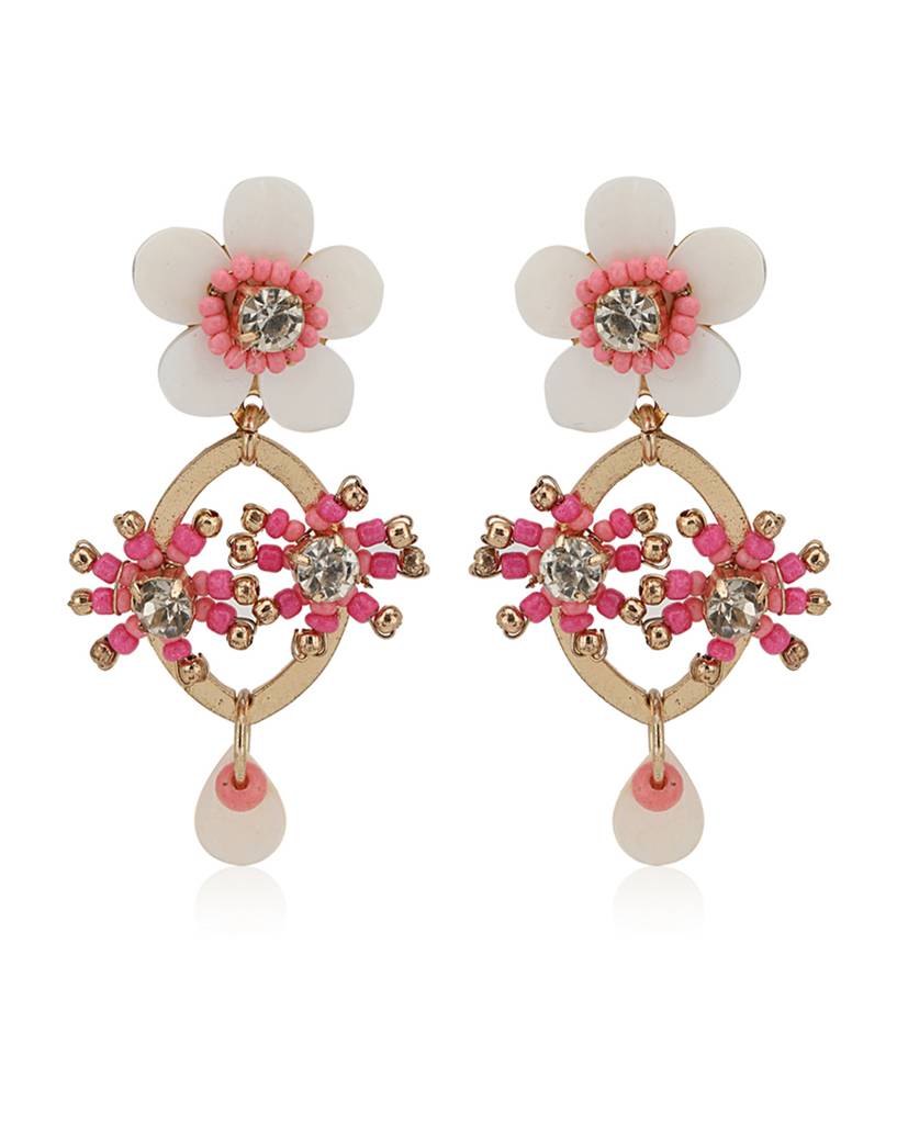 Carlton London Pink & White Gold-Plated Stone-Studded & Beaded Jewellery Set : FJS2933