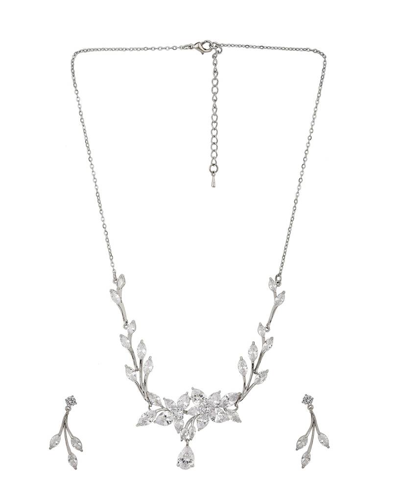 Carlton London Women Silver-Toned Rhodium-Plated Handcrafted Cz-Studded Jewellery Set : FJS3184