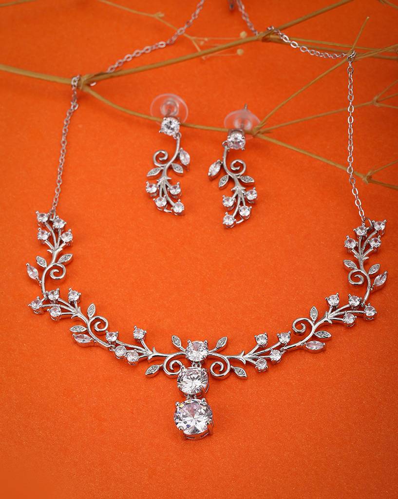 Carlton London Silver-Toned Rhodium-Plated Vine-Shape Handcrafted Cz-Studded Jewellery Set : FJS3187