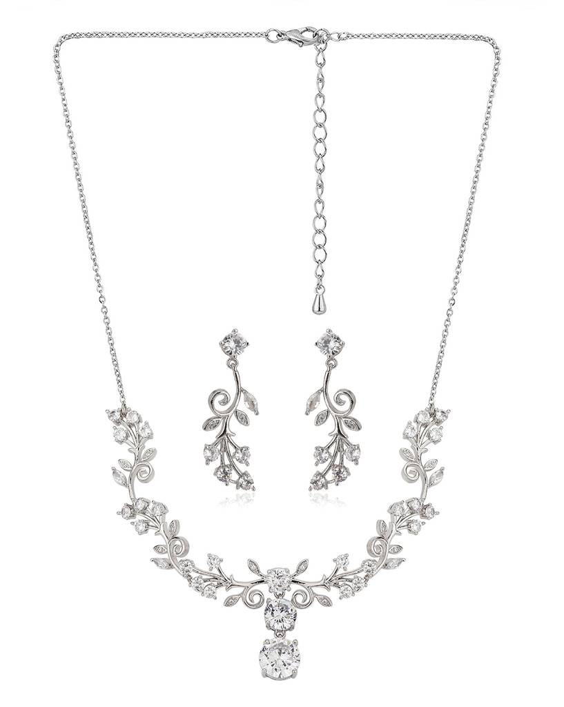Carlton London Silver-Toned Rhodium-Plated Vine-Shape Handcrafted Cz-Studded Jewellery Set : FJS3187