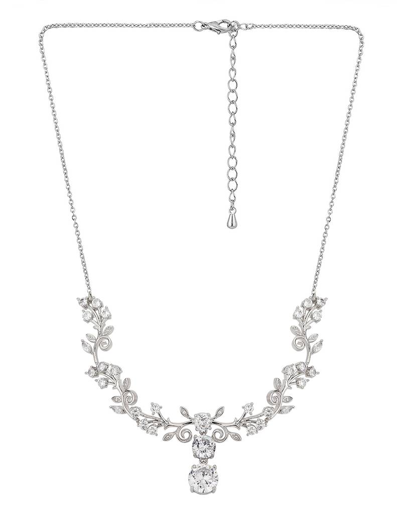 Carlton London Silver-Toned Rhodium-Plated Vine-Shape Handcrafted Cz-Studded Jewellery Set : FJS3187