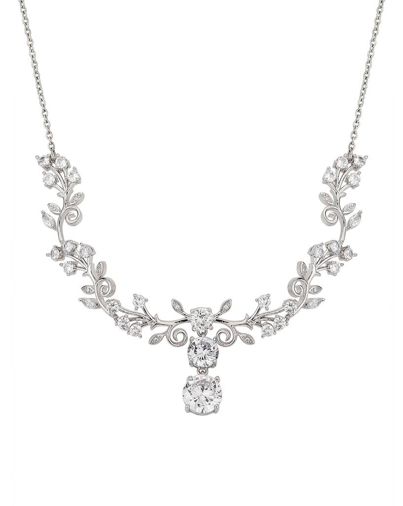 Carlton London Silver-Toned Rhodium-Plated Vine-Shape Handcrafted Cz-Studded Jewellery Set : FJS3187
