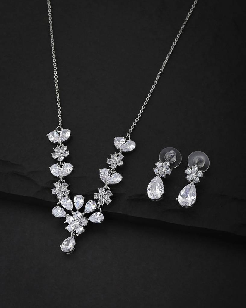 Carlton London Silver-Toned Rhodium-Plated Floral Handcrafted Cz-Studded Jewellery Set : FJS3193