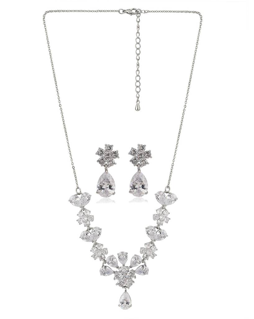 Carlton London Silver-Toned Rhodium-Plated Floral Handcrafted Cz-Studded Jewellery Set : FJS3193