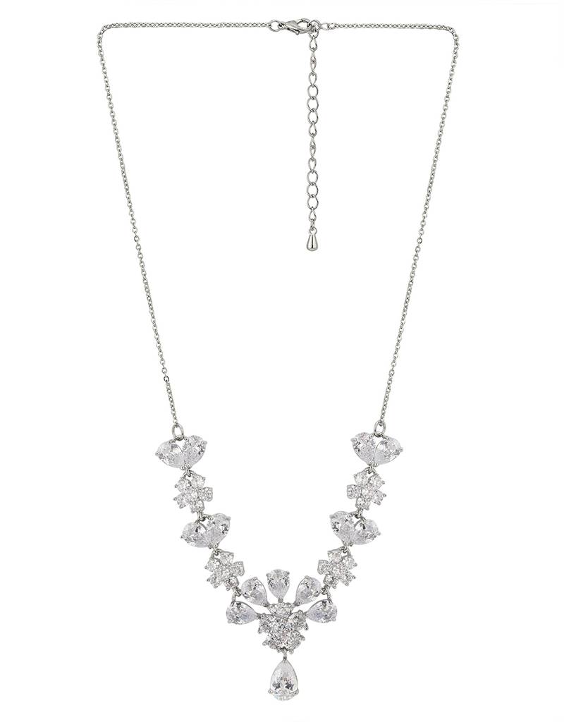 Carlton London Silver-Toned Rhodium-Plated Floral Handcrafted Cz-Studded Jewellery Set : FJS3193