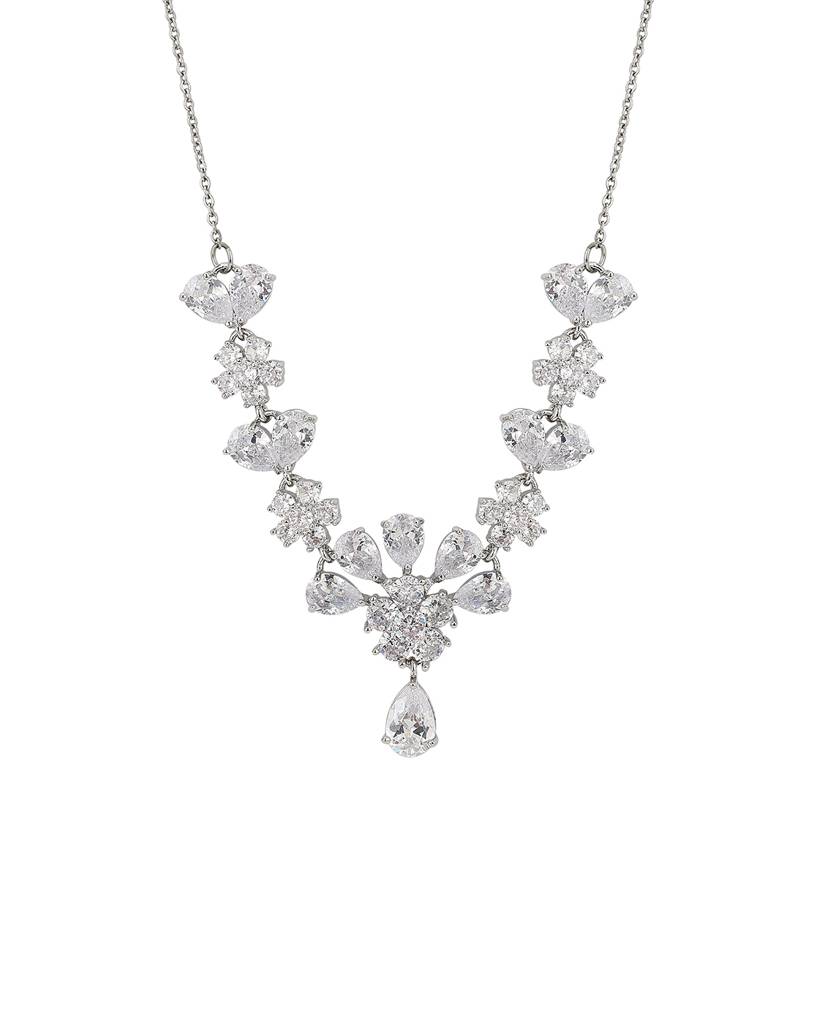 Carlton London Silver-Toned Rhodium-Plated Floral Handcrafted Cz-Studded Jewellery Set : FJS3193