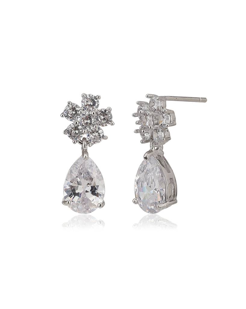Carlton London Silver-Toned Rhodium-Plated Floral Handcrafted Cz-Studded Jewellery Set : FJS3193