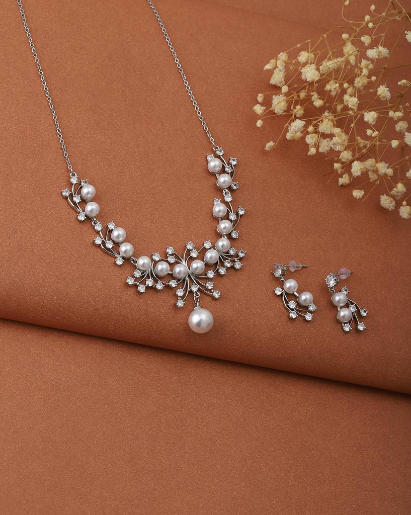 Carlton London Off-White Rhodium-Plated Handcrafted Cz-Studded & Beaded Jewellery Set : FJS3196