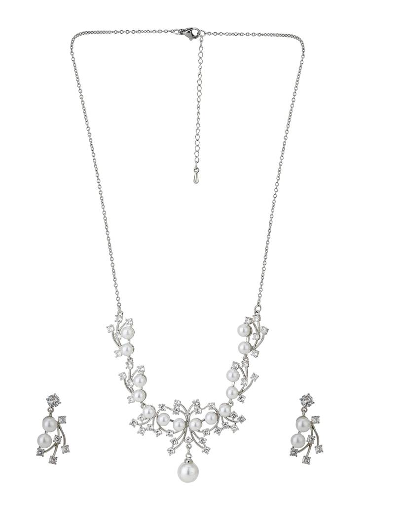 Carlton London Off-White Rhodium-Plated Handcrafted Cz-Studded & Beaded Jewellery Set : FJS3196