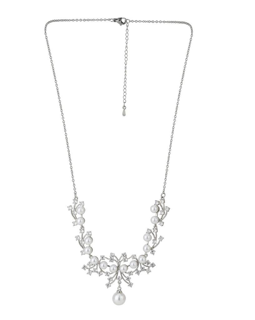 Carlton London Off-White Rhodium-Plated Handcrafted Cz-Studded & Beaded Jewellery Set : FJS3196