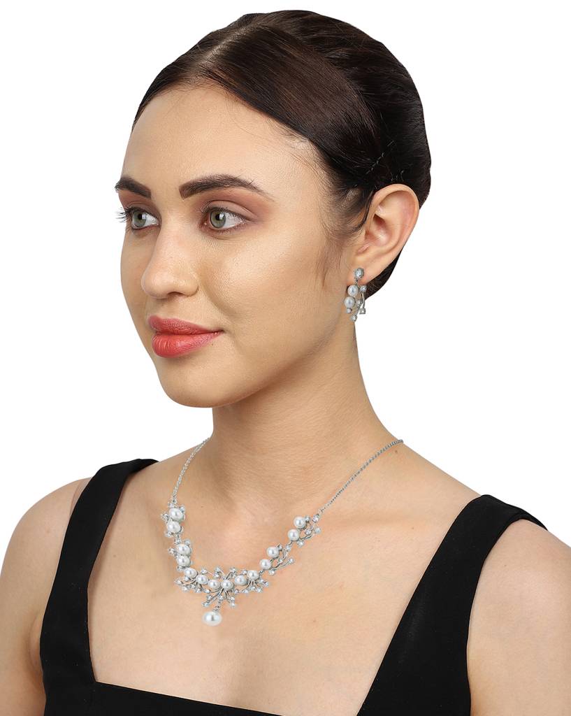 Carlton London Off-White Rhodium-Plated Handcrafted Cz-Studded & Beaded Jewellery Set : FJS3196