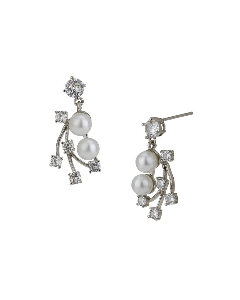 Carlton London Off-White Rhodium-Plated Handcrafted Cz-Studded & Beaded Jewellery Set : FJS3196