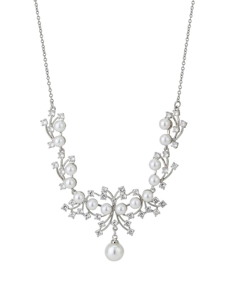 Carlton London Off-White Rhodium-Plated Handcrafted Cz-Studded & Beaded Jewellery Set : FJS3196