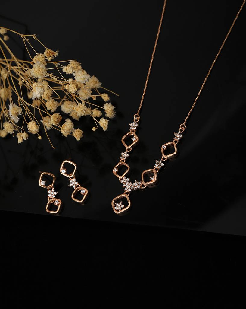 Women Rose Gold-Toned Cubic Zirconia Studded Necklace With Earrings : FJS3230