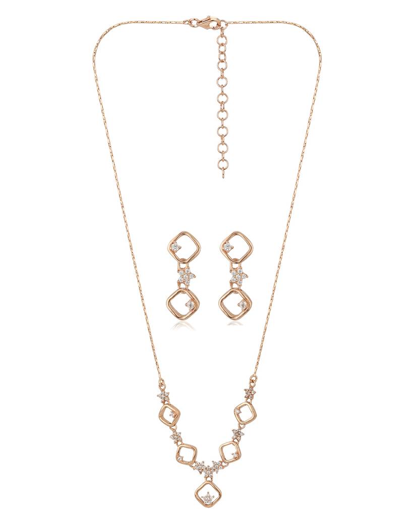 Women Rose Gold-Toned Cubic Zirconia Studded Necklace With Earrings : FJS3230