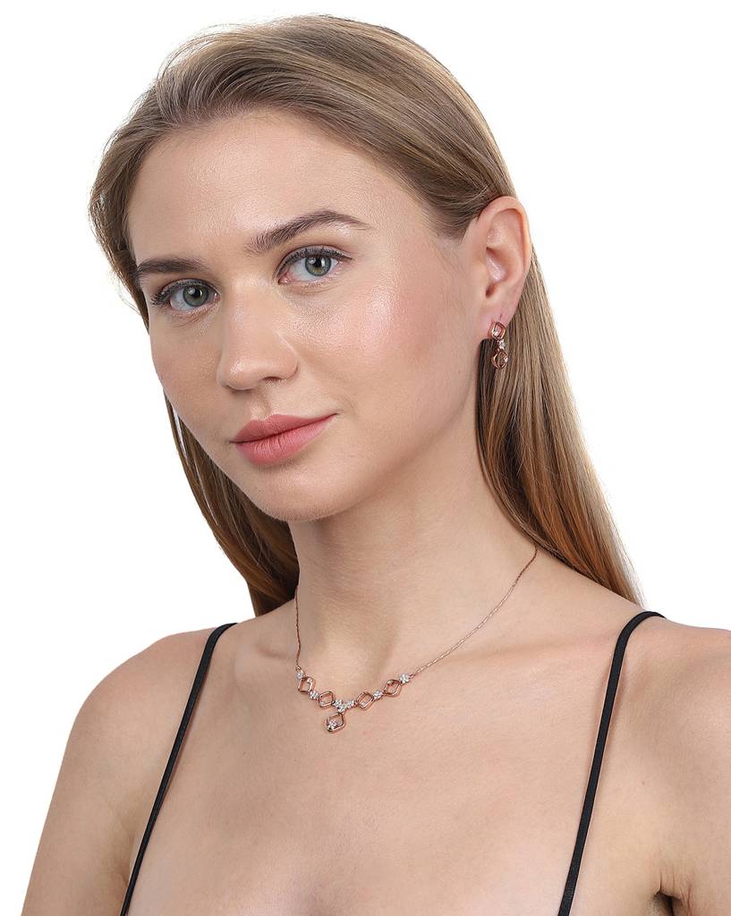 Women Rose Gold-Toned Cubic Zirconia Studded Necklace With Earrings : FJS3230