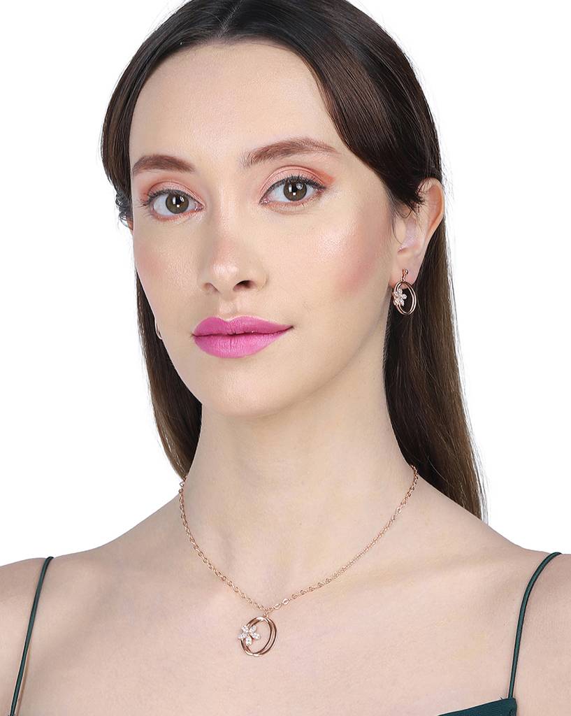 Carlton London Women Rose Gold-Toned Cubic Zirconia Studded Necklace With Earrings : FJS3231