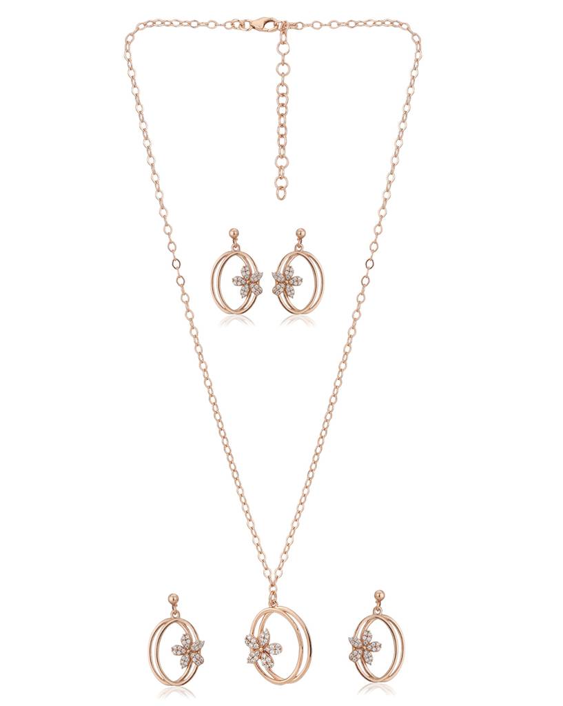 Carlton London Women Rose Gold-Toned Cubic Zirconia Studded Necklace With Earrings : FJS3231