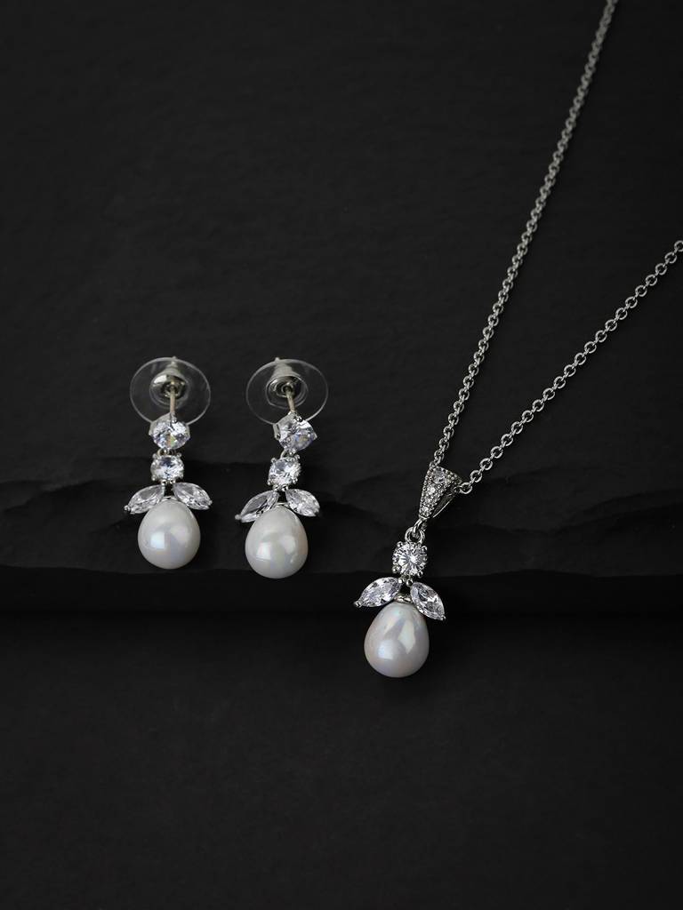 White & Silver-Toned Rhodium-Plating Jewellery Set : FJS3330