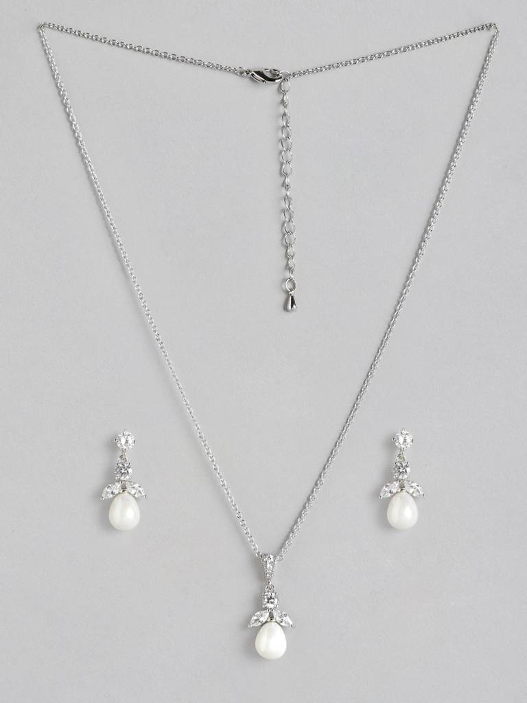 White & Silver-Toned Rhodium-Plating Jewellery Set : FJS3330