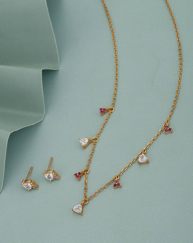 Carlton London Women Gold-Plated Cz Studded Charm Necklace With Earrings : FJS4573