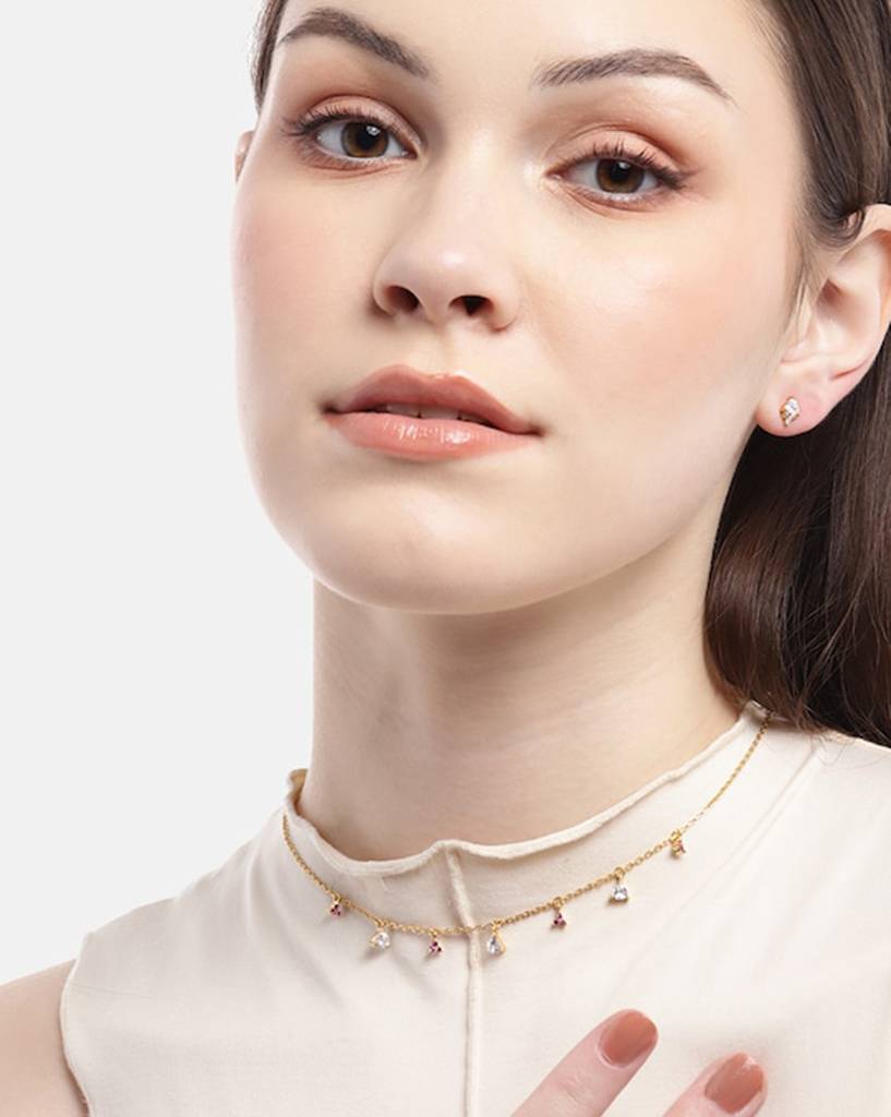 Carlton London Women Gold-Plated Cz Studded Charm Necklace With Earrings : FJS4573