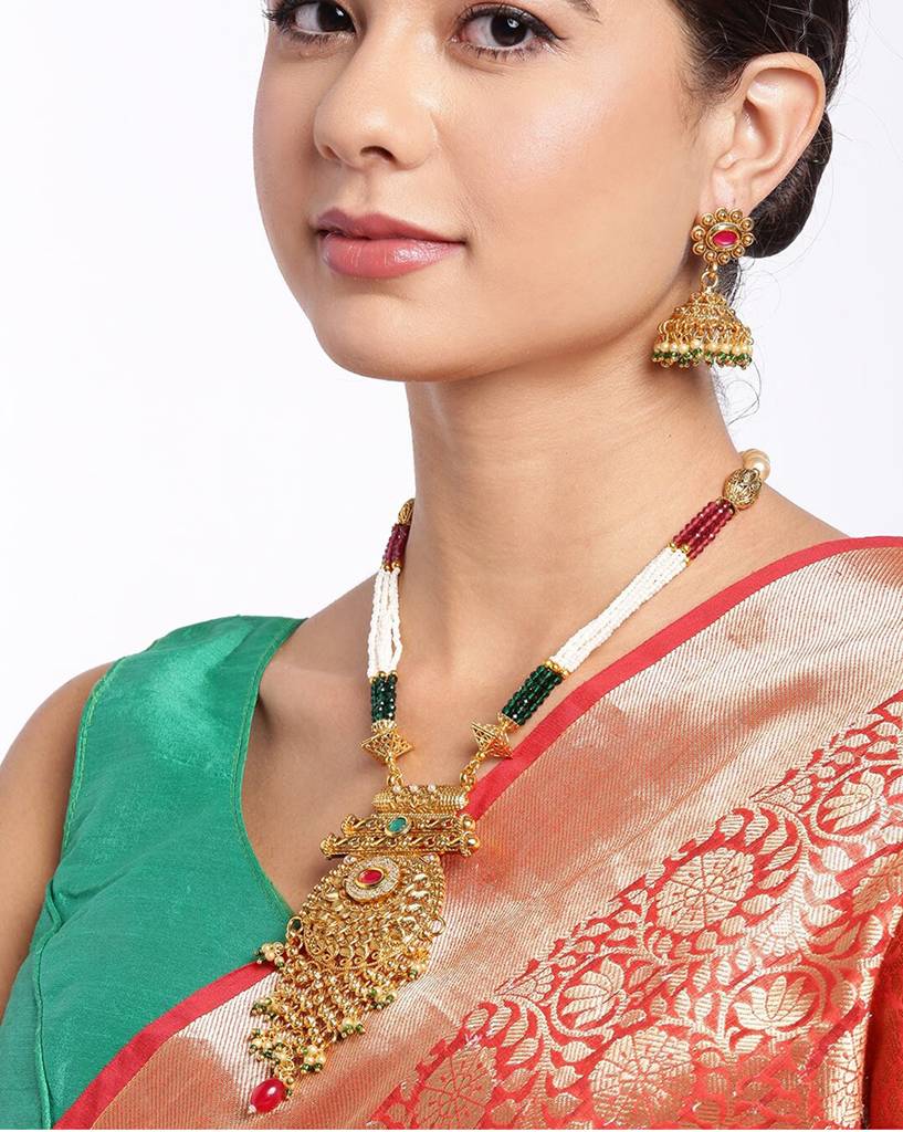 Carlton London Gold Plated Kundan Bridal Long Necklace With Earring Set : FJS4661