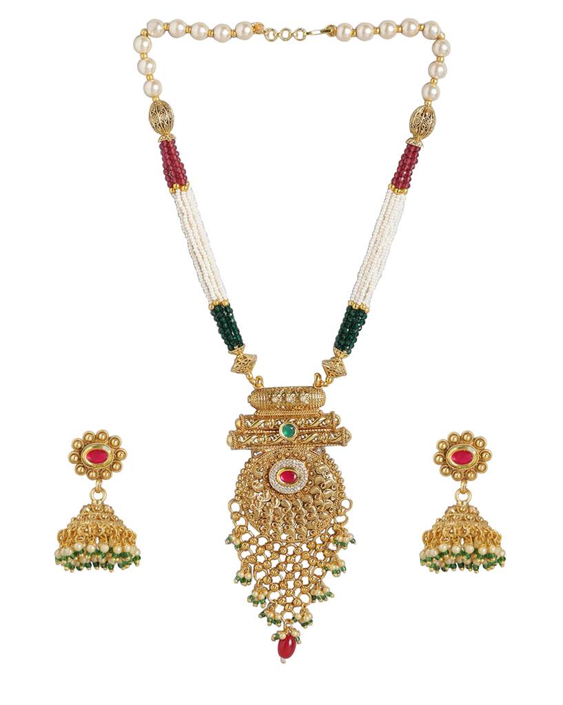 Carlton London Gold Plated Kundan Bridal Long Necklace With Earring Set : FJS4661