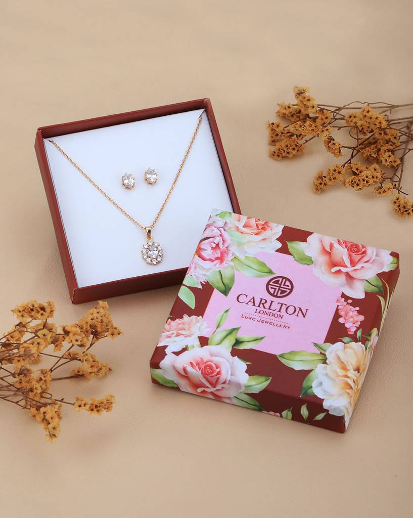 Carlton London 18Kt Rose Gold Plated Cz Necklace & Earring Set : FJS4923