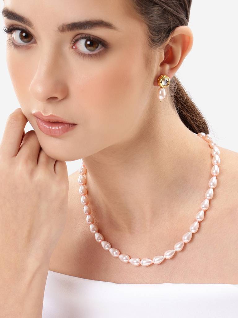 Gold Plated Babypink Freshwater Pearl Beaded Jewellery Set : FJS5367