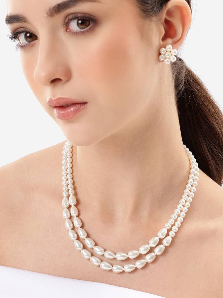 Gold Plated Double Layer Pearl Beaded Jewellery Set : FJS5368