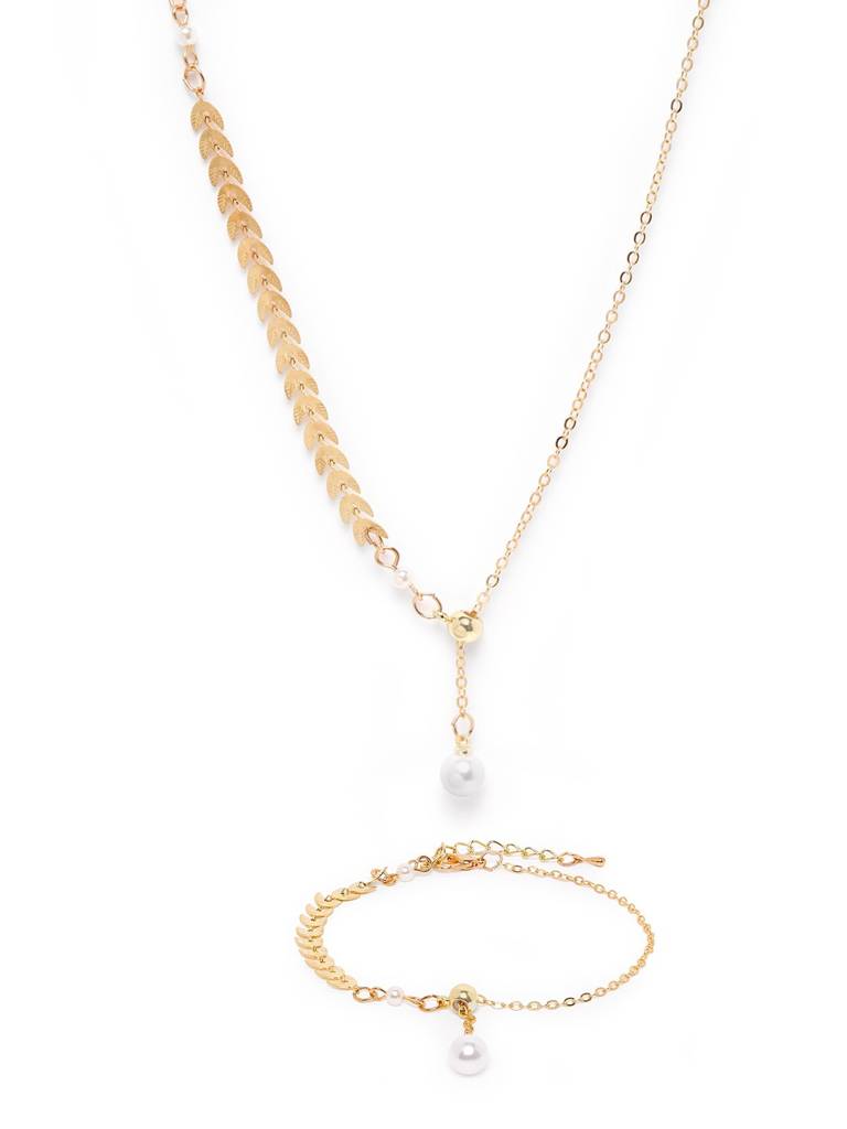 Gold Plated Dangling Pearl Lariat Necklace And Bracelet Set : FJS5398