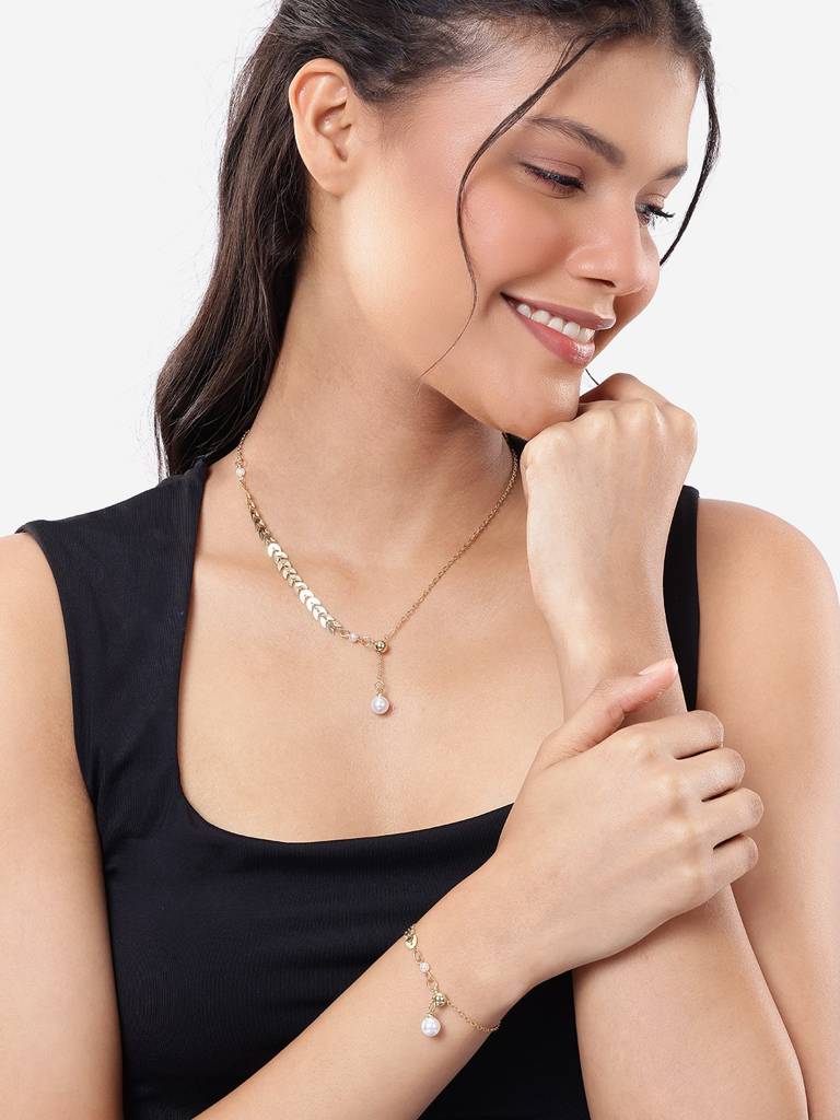 Gold Plated Dangling Pearl Lariat Necklace And Bracelet Set : FJS5398