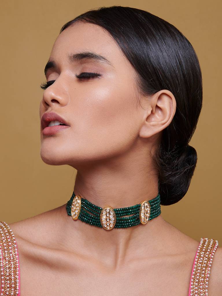 Meira Green Stones And Kundan Choker : FNE106