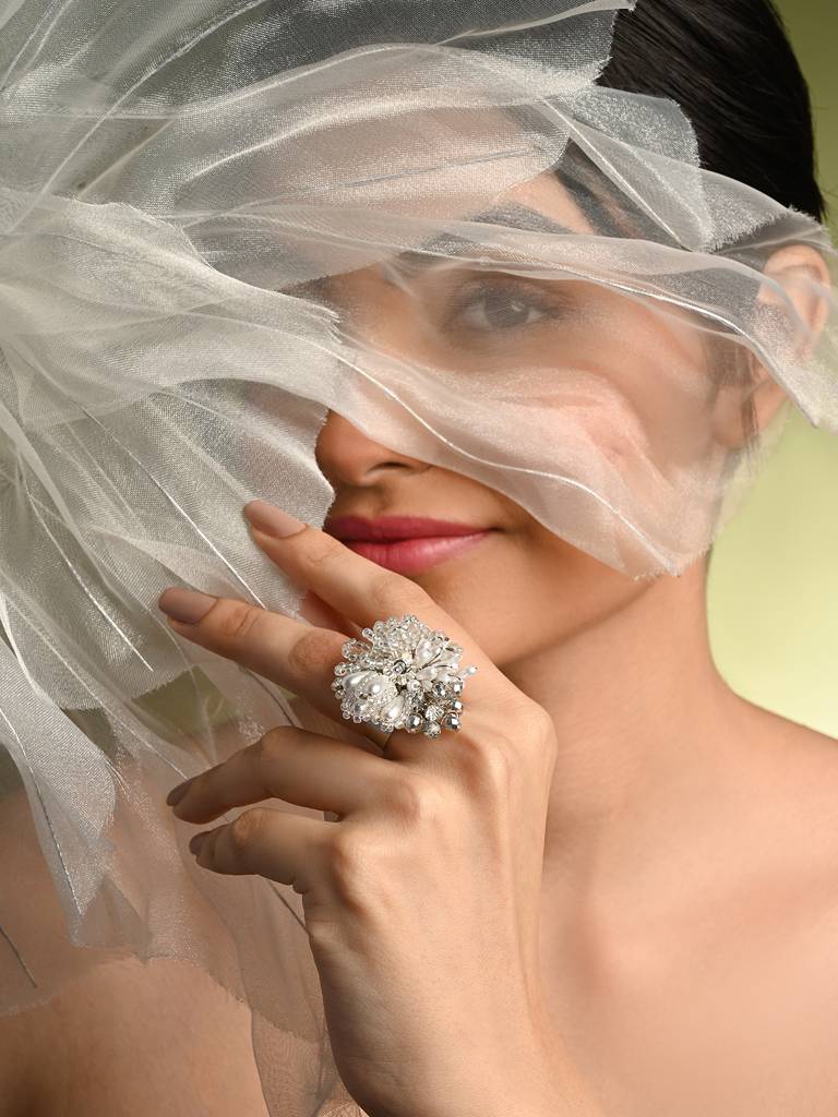 White Drop Pearl Silver Adjustable Ring For Women : FR-334-01SILVER