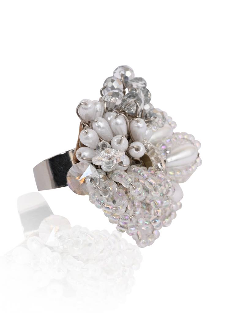 White Drop Pearl Silver Adjustable Ring For Women : FR-334-01SILVER