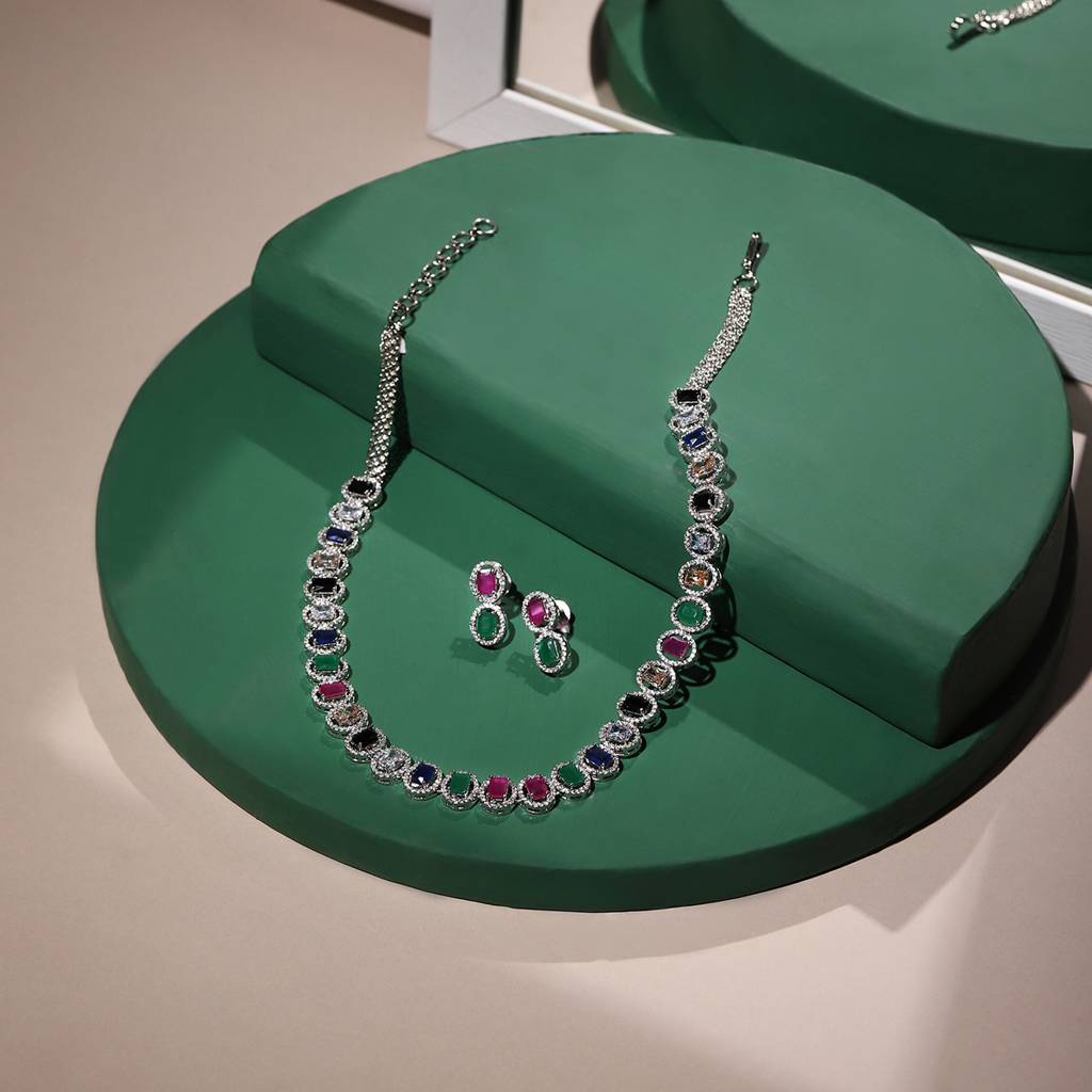 Diamond & Semi Precious Stone Neckpiece With Small Earrings : RSA22-12