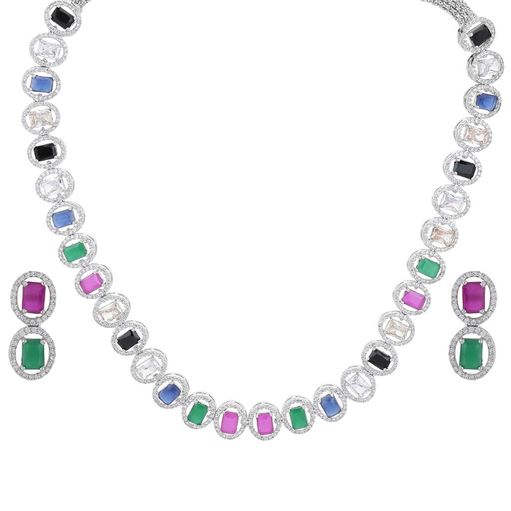 Diamond & Semi Precious Stone Neckpiece With Small Earrings : RSA22-12