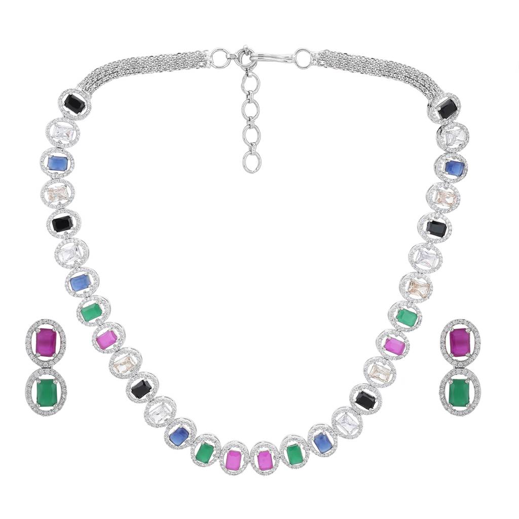 Diamond & Semi Precious Stone Neckpiece With Small Earrings : RSA22-12