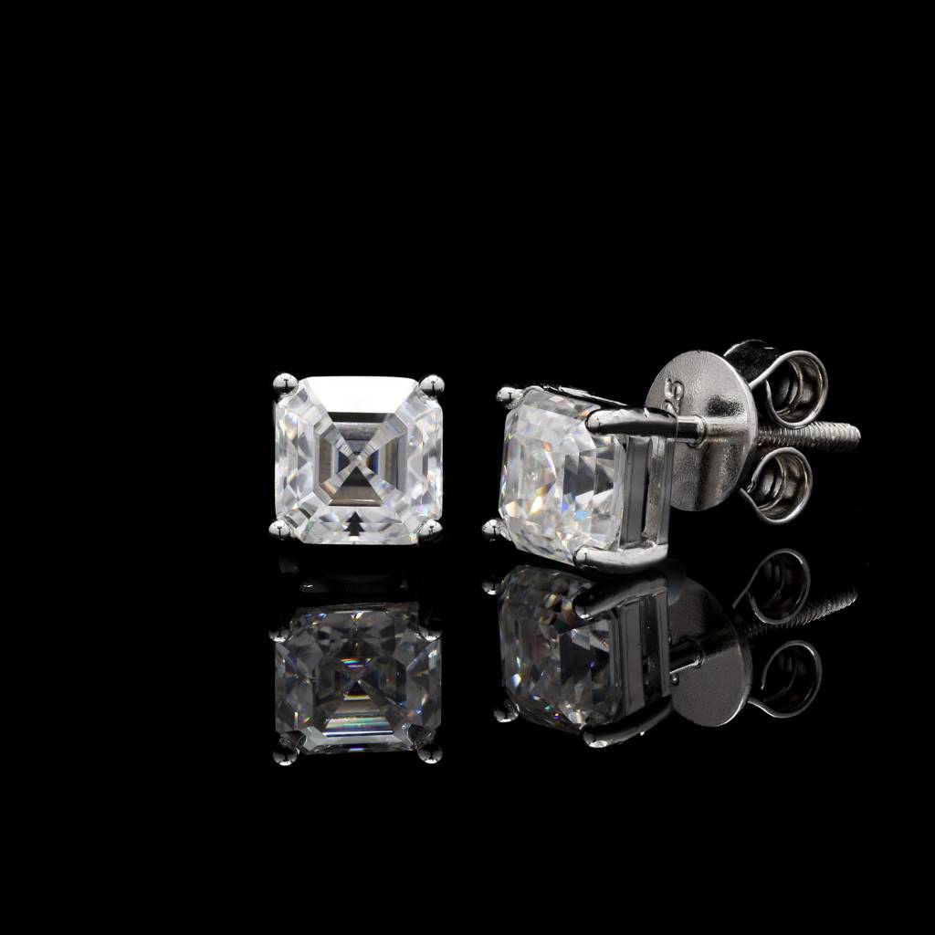 Pure 925 Silver Asscher Cut Moissanite Diamonds Studs For Men & Women : SYM-1156