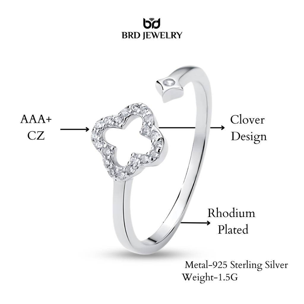 Brd Jewelry 925 Sterling Silver Clover Ring, Flower Adjustable Ring For Women & Girls : BRDK075